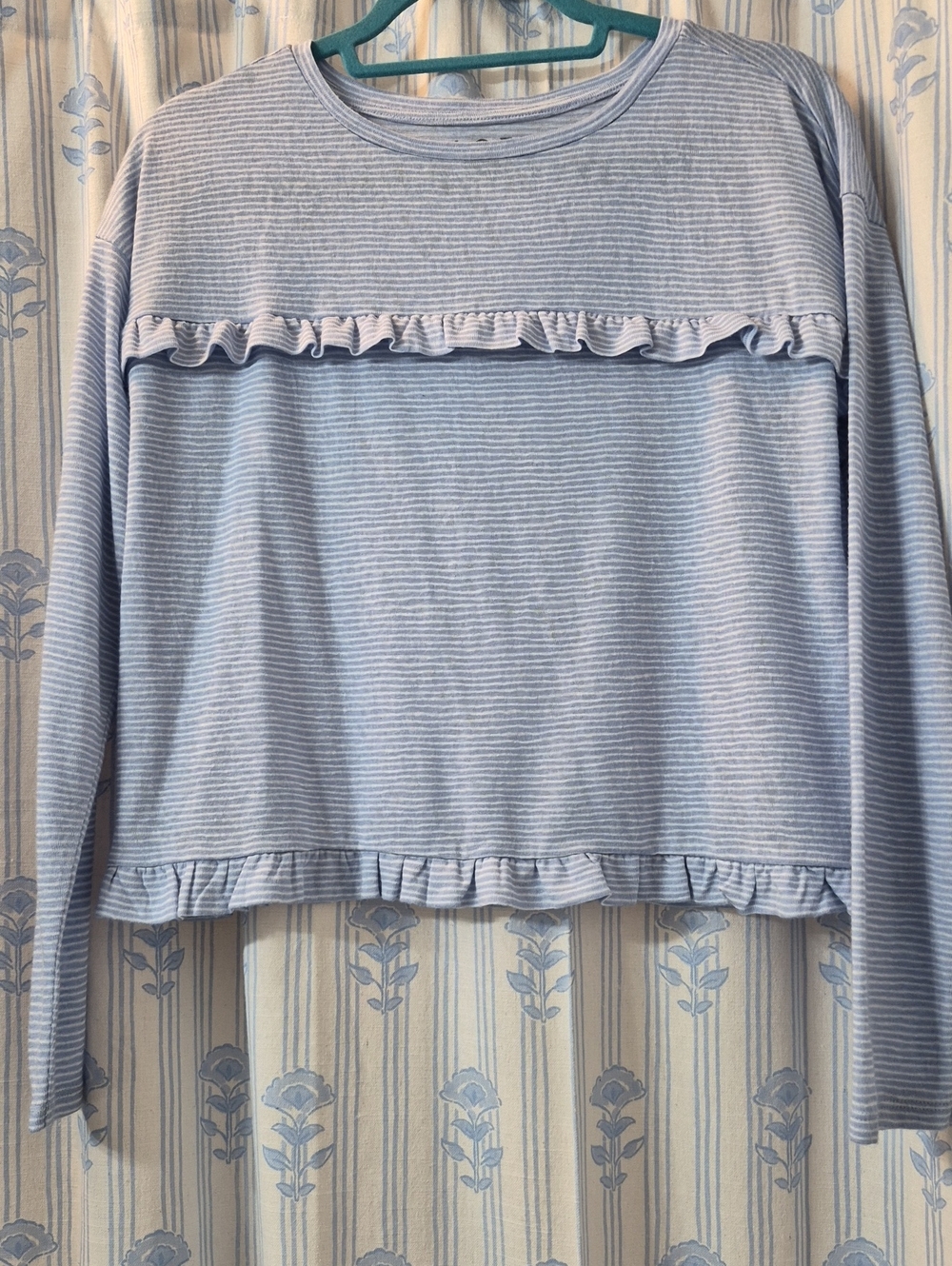 LOFT Striped Cropped Ruffle Long-Sleeve Tee Top Sz S